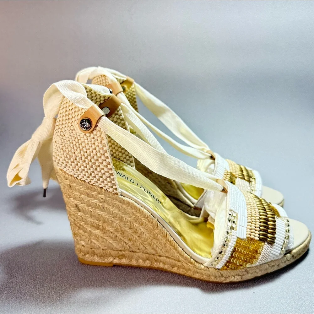 Donald J. Pliner New Elsa Cream and Gold Beaded Wedge Espadrille Sandles